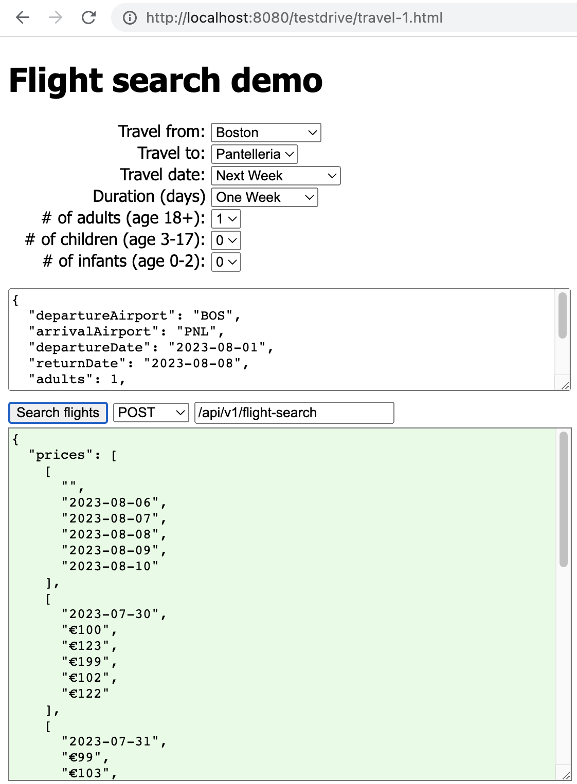 The same page, now showing part of a complex         JSON response