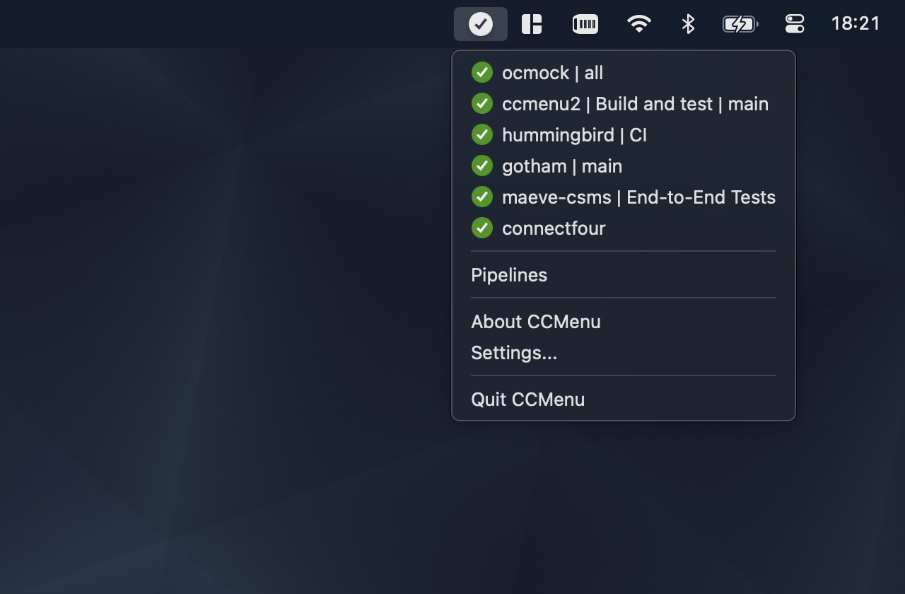 Screenshot of CCMenu showing a list of pipelines and their status