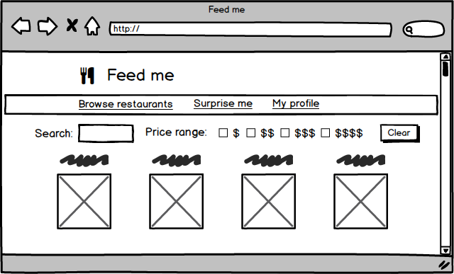 A wireframe of a food delivery website